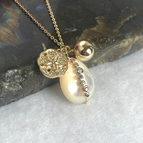 Gold Vermeil Sterling Silver 925 Pearl Gemstone Sanddollar Pendant Necklace 18" - Picture 5 of 16